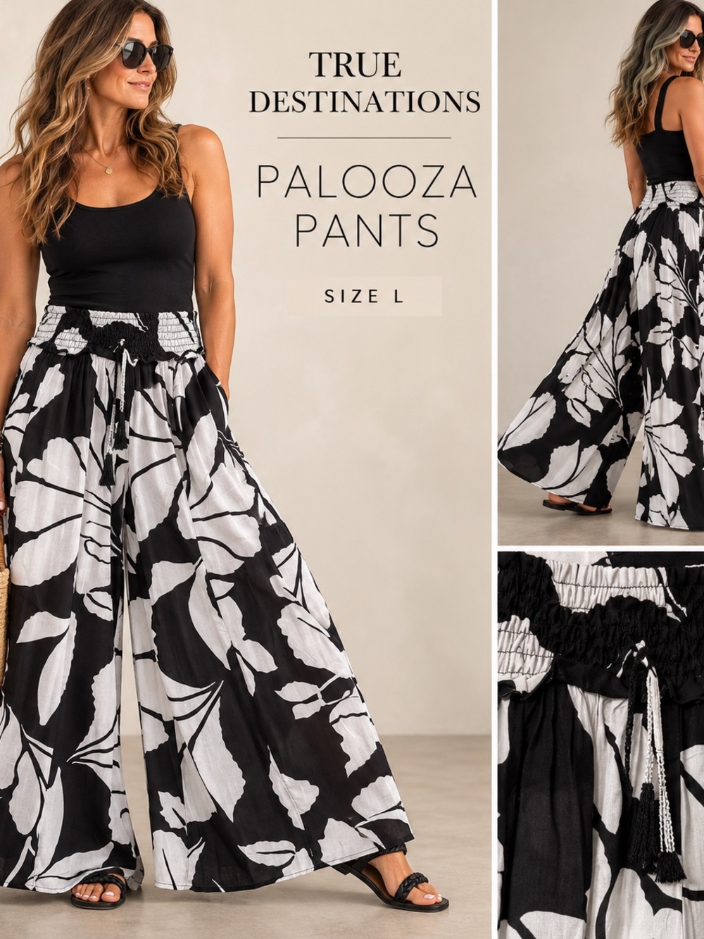 True Destinations Resort Wear Palooza Wide-Leg Pants — Black & White Floral